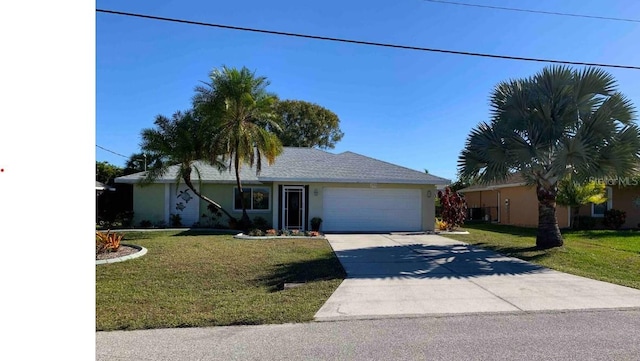 ranch-style home with stucco siding, an attached garage, concrete driveway, and a front lawn