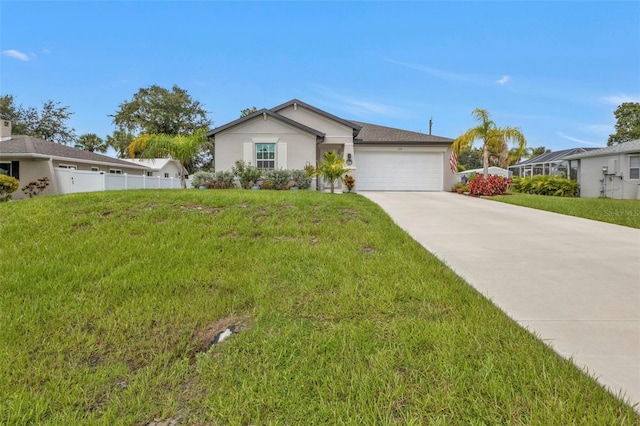 ranch-style home with a front yard, a garage, driveway, and stucco siding