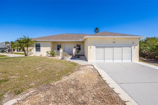 ranch-style house with a shingled roof, stucco siding, concrete driveway, a front lawn, and a garage