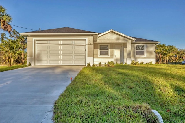 single story home with a front lawn, a garage, driveway, and stucco siding