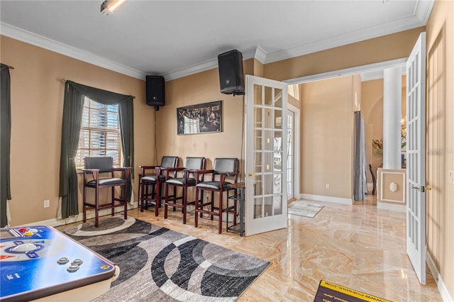 interior space featuring crown molding, french doors, marble finish floor, and baseboards