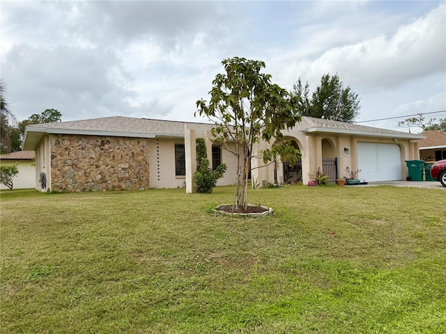 ranch-style house with a front yard, an attached garage, and stucco siding