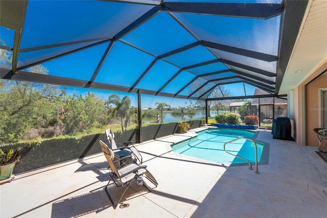 outdoor pool featuring a lanai, a patio area, and a water view