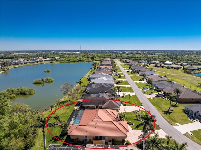 birds eye view of property with a residential view and a water view