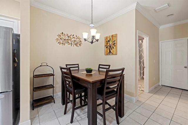 dining space with visible vents, ornamental molding, an inviting chandelier, light tile patterned floors, and baseboards