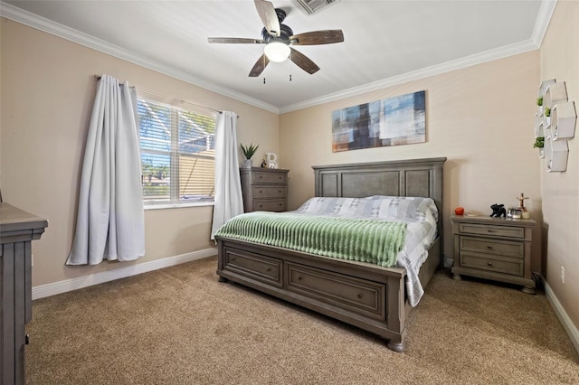 bedroom with light carpet, ceiling fan, crown molding, and baseboards