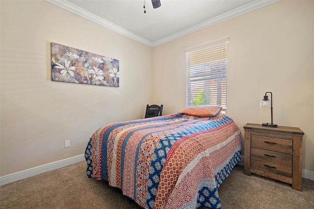 carpeted bedroom featuring a ceiling fan, crown molding, and baseboards