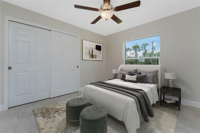 bedroom featuring a closet, a ceiling fan, and baseboards