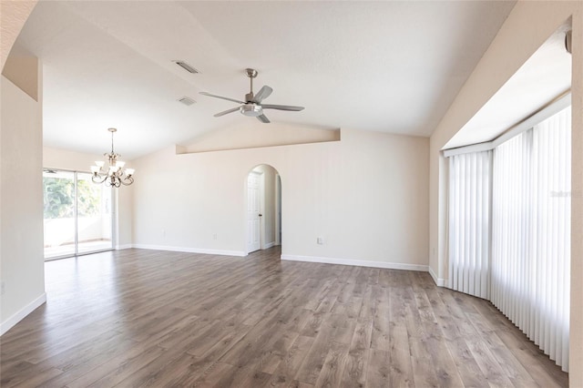 unfurnished room featuring wood finished floors, visible vents, arched walkways, vaulted ceiling, and ceiling fan with notable chandelier