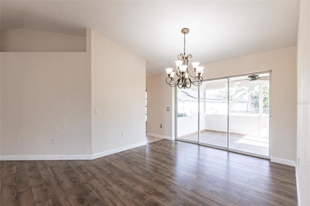 spare room with a chandelier, lofted ceiling, baseboards, and dark wood-style flooring