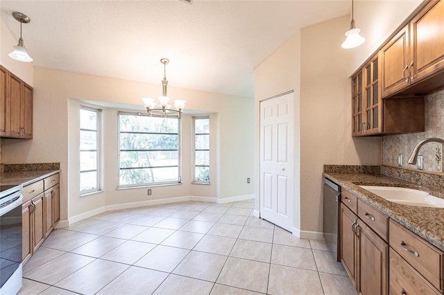 kitchen featuring pendant lighting, a sink, electric range oven, glass insert cabinets, and dishwasher