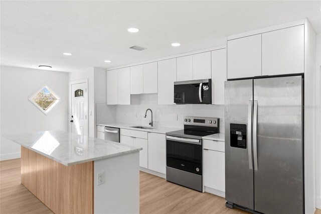 kitchen featuring visible vents, a kitchen island, stainless steel appliances, white cabinetry, and a sink