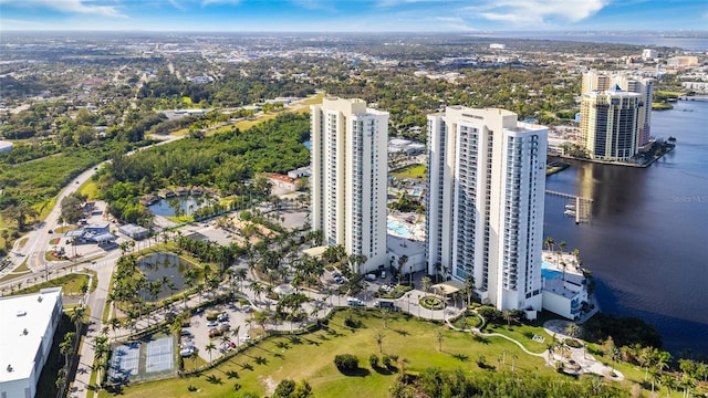 bird's eye view featuring a city view and a water view