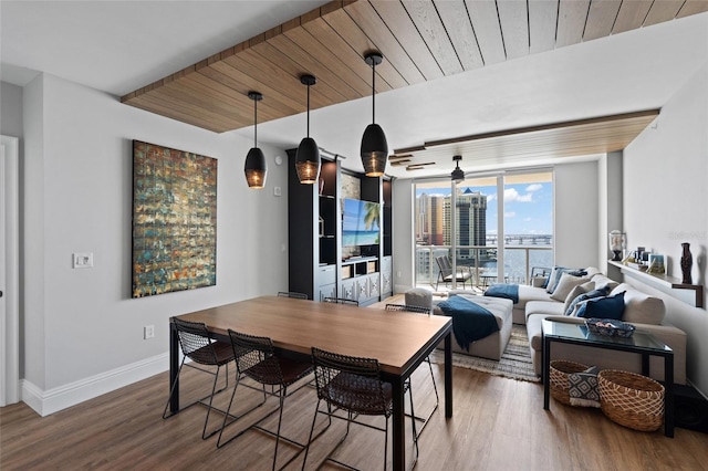 dining room with wood ceiling, baseboards, and wood finished floors