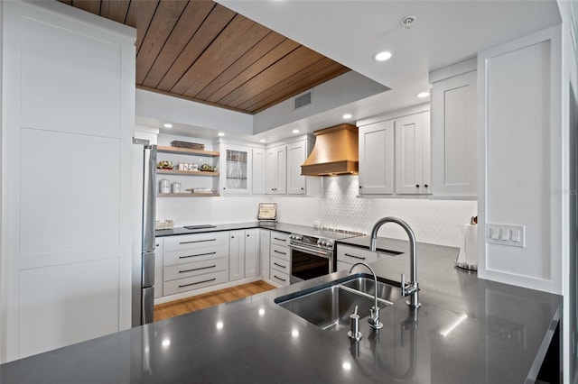 kitchen with dark countertops, stainless steel appliances, custom range hood, white cabinets, and wooden ceiling