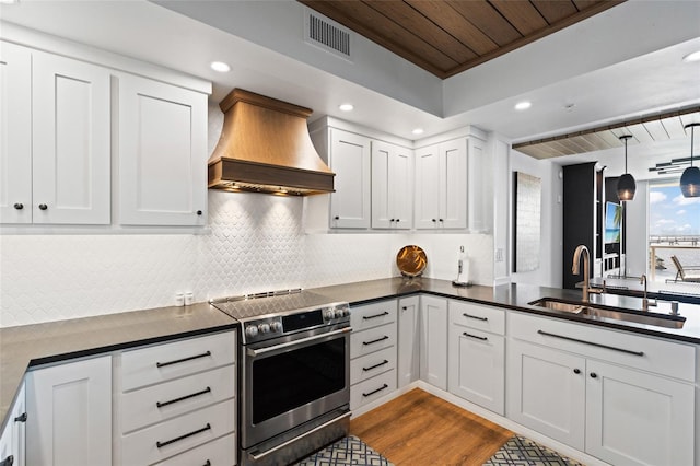 kitchen featuring visible vents, backsplash, premium range hood, electric stove, and a sink