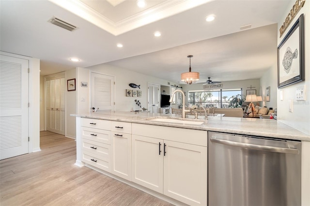 kitchen with visible vents, light wood finished floors, recessed lighting, a sink, and dishwasher