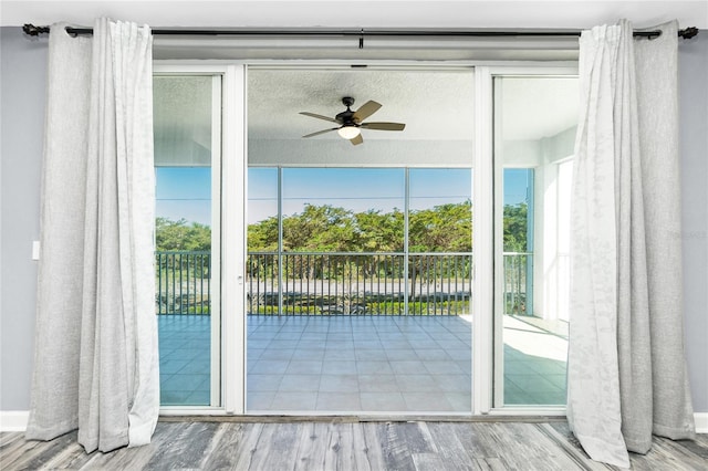 exterior space featuring a ceiling fan and wood finished floors