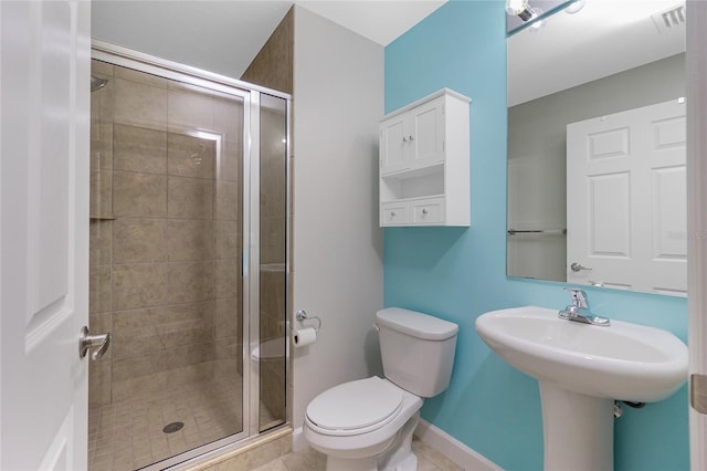 full bath with visible vents, toilet, a stall shower, tile patterned flooring, and baseboards