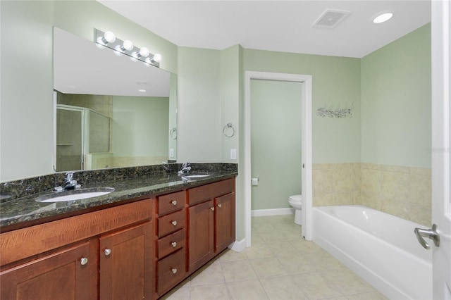 full bathroom with visible vents, a shower stall, toilet, and a sink