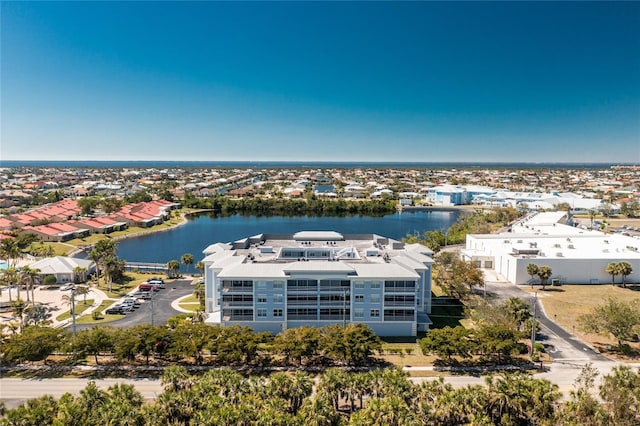 drone / aerial view with a water view