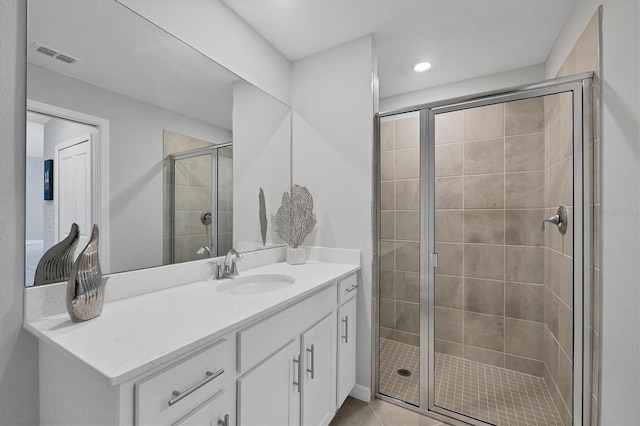 full bathroom with tile patterned floors, visible vents, vanity, and a shower stall