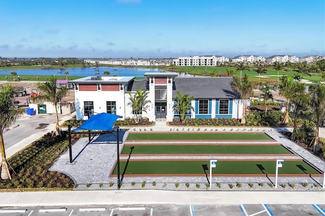 drone / aerial view with a water view