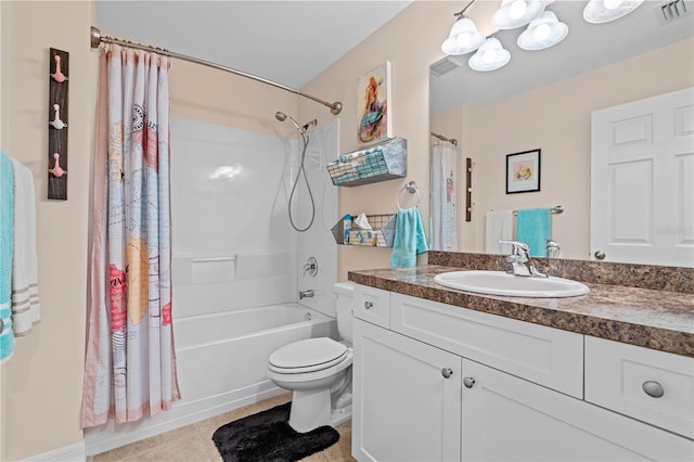 full bath featuring tile patterned floors, visible vents, toilet, and shower / tub combo with curtain