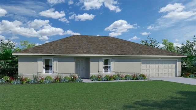 single story home featuring stucco siding, roof with shingles, concrete driveway, and a front yard