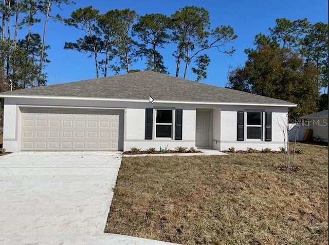 ranch-style home featuring stucco siding, driveway, and an attached garage