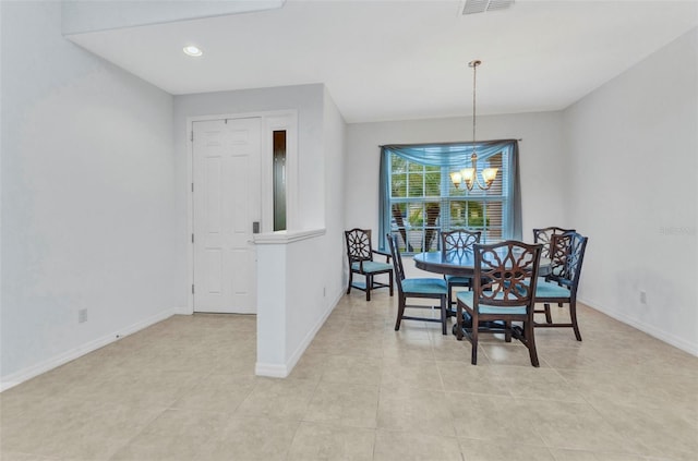 dining area featuring visible vents, baseboards, light tile patterned floors, recessed lighting, and a notable chandelier