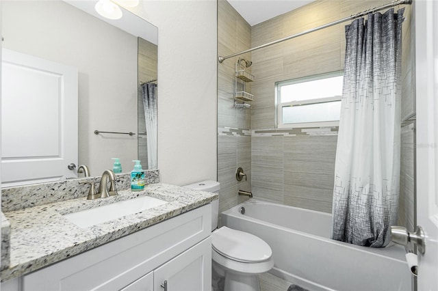 full bath with toilet, vanity, and shower / bathtub combination with curtain