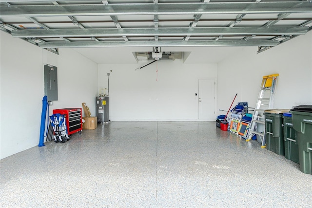 garage with electric panel and electric water heater