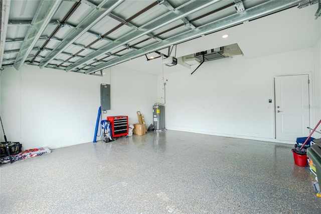 garage with electric panel, electric water heater, and a garage door opener