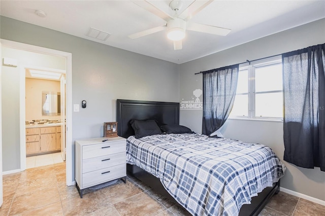 bedroom with visible vents, ceiling fan, and baseboards