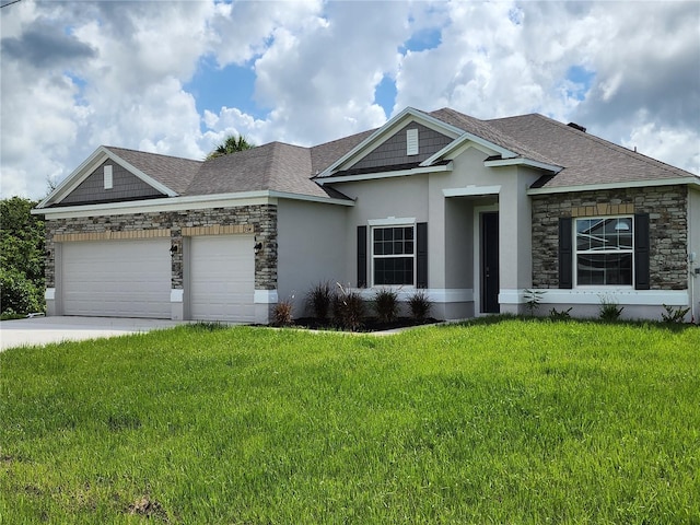 view of front of property featuring a front lawn, concrete driveway, stucco siding, a garage, and stone siding