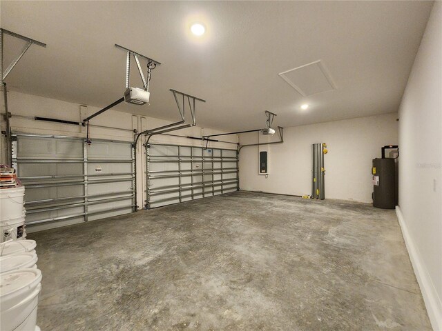 garage featuring water heater, a garage door opener, and electric panel