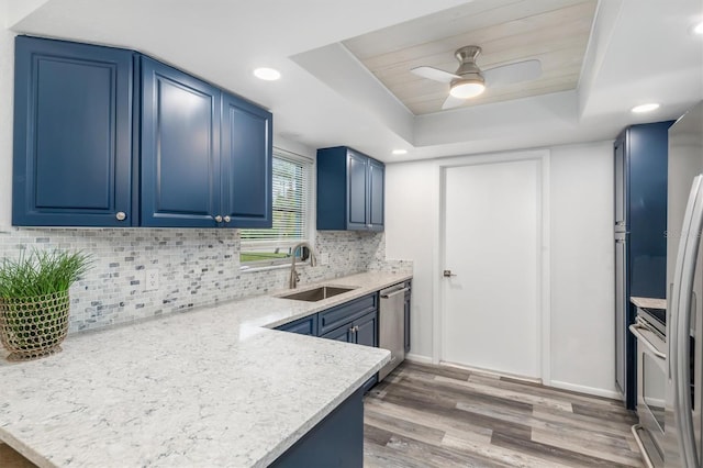 kitchen with a raised ceiling, blue cabinets, stainless steel appliances, and a sink