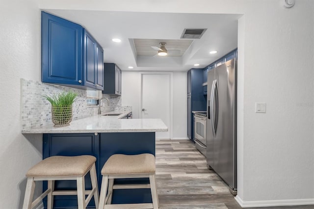 kitchen featuring a sink, a tray ceiling, blue cabinetry, and appliances with stainless steel finishes