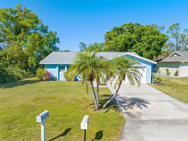 view of front of home with stucco siding, a front lawn, an attached garage, and driveway