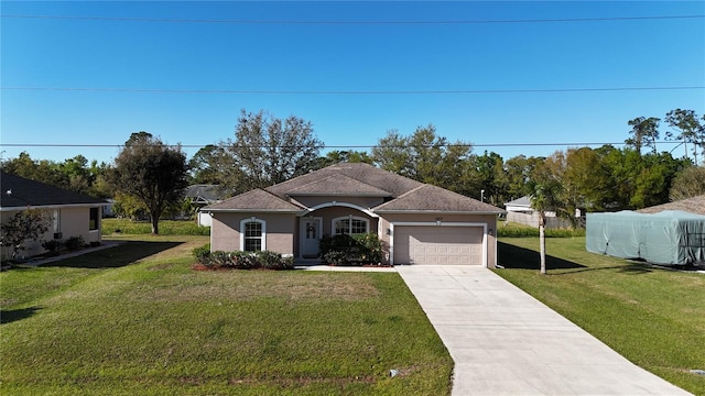 view of front facade featuring stucco siding, driveway, fence, a front yard, and a garage