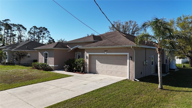 ranch-style house featuring stucco siding, an attached garage, concrete driveway, and a front lawn