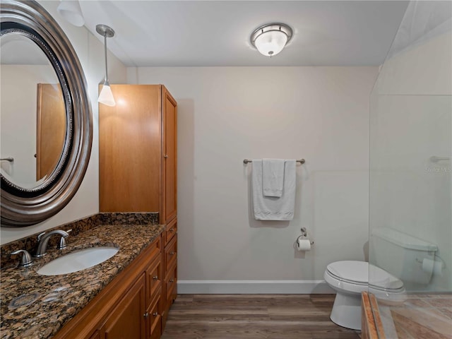 bathroom featuring toilet, vanity, baseboards, and wood finished floors