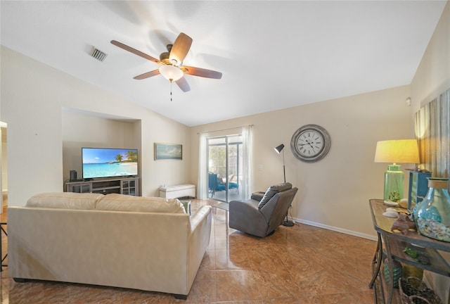 living room with visible vents, baseboards, ceiling fan, and vaulted ceiling