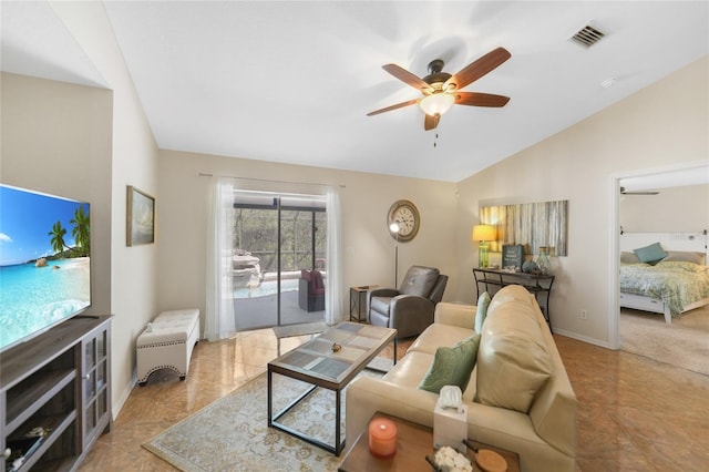 living area with lofted ceiling, baseboards, visible vents, and ceiling fan