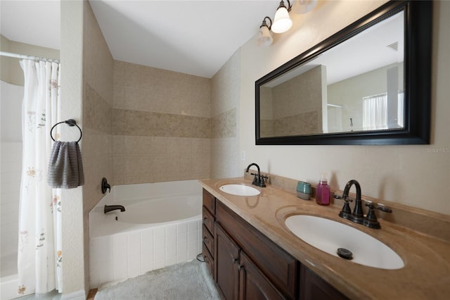 bathroom featuring double vanity, a washtub, a shower with curtain, and a sink