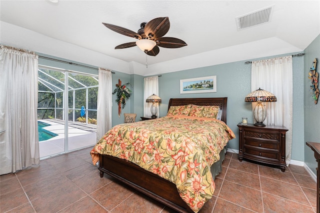 tiled bedroom featuring baseboards, visible vents, a sunroom, ceiling fan, and access to outside