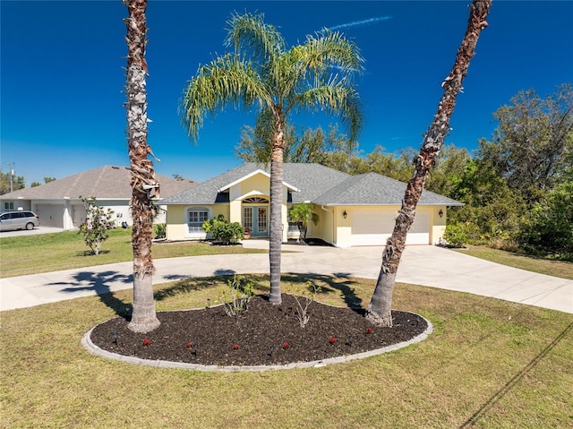 view of front facade with stucco siding, curved driveway, french doors, an attached garage, and a front yard