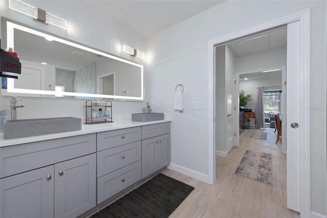 bathroom featuring double vanity, wood finished floors, baseboards, and a sink