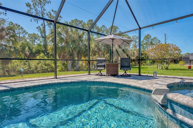 view of pool featuring a lanai, a patio area, and a pool with connected hot tub